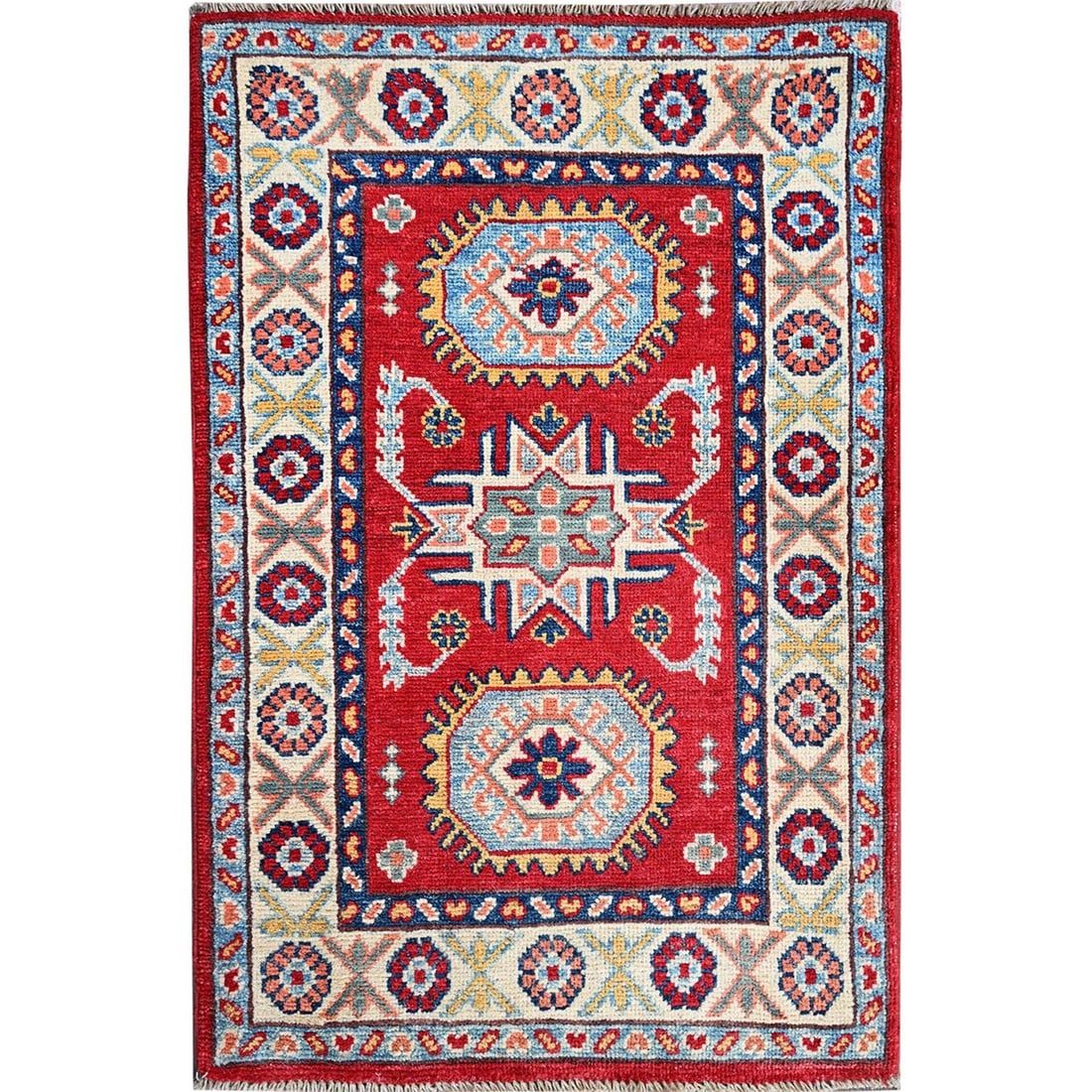2'1"x3'1" Red Kazak with Tribal Medallions Design Wool Hand Knotted Mat Rug: 2'1"x3'1" Red Kazak with Tribal Medallions Design Wool Hand Knotted Mat Rug Experience the vibrant colors and intricate patterns of Afghanistan's rich cultural heritage with this stunning 64cm x 94cm