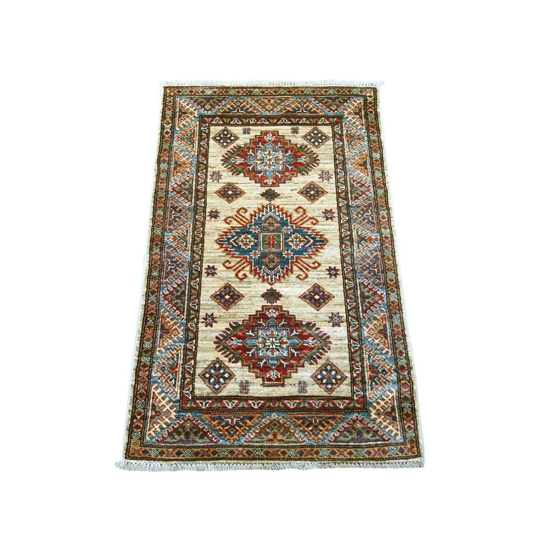 2'6"x4' Ivory Super Kazak Medallions Design Hand Knotted Pure Wool Mat Rug: 2'6"x4' Ivory Super Kazak Medallions Design Hand Knotted Pure Wool Mat Rug Experience the rich beauty of traditional Afghan craftsmanship with this stunning 2'6"x4' Ivory Super Kazak Medallions