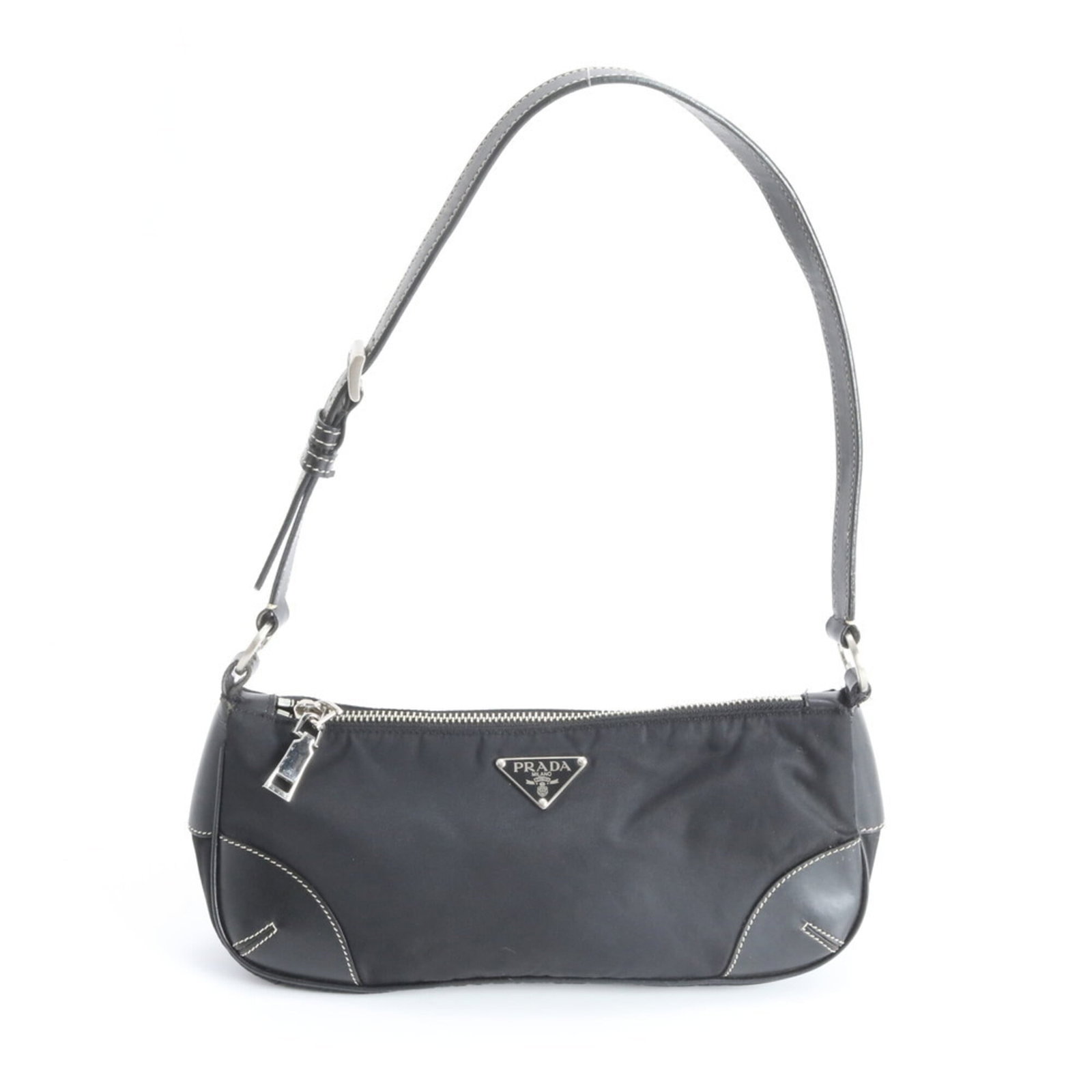 Nylon leather shoulder bag by Prada: Nylon leather shoulder bag by Prada A sleek and sophisticated shoulder bag, this Prada nylon leather pouch boasts a timeless design with clean lines and minimal ornamentation. Made from high-quality