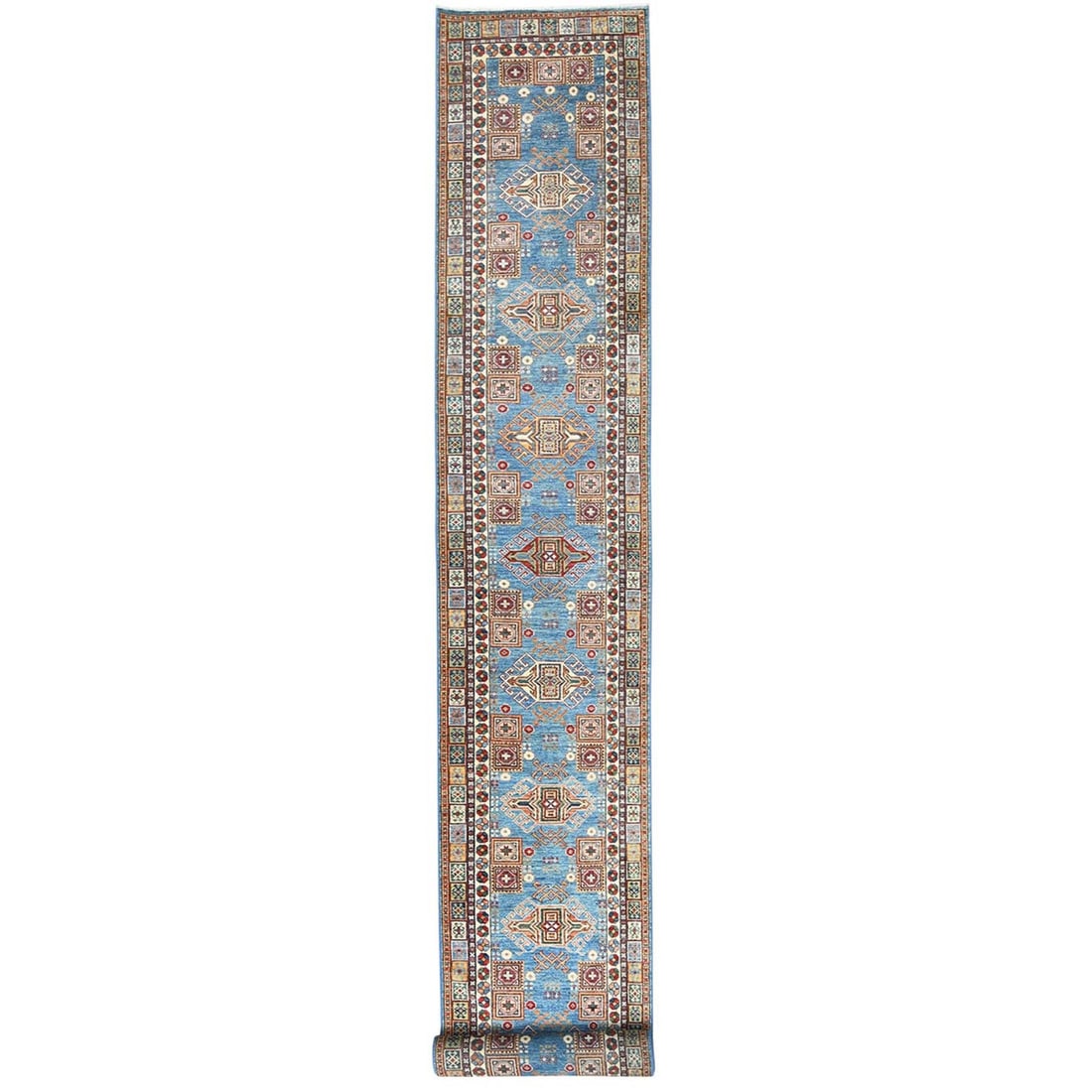 3'x24'5" Blue Pure Wool Hand Knotted Afghan Super Kazak XL Runner Rug: 3'x24'5" Blue Pure Wool Hand Knotted Afghan Super Kazak XL Runner Rug Experience the warmth and beauty of 100% pure wool, expertly hand-knotted to create a stunning Blue Super Kazak XL Runner Rug