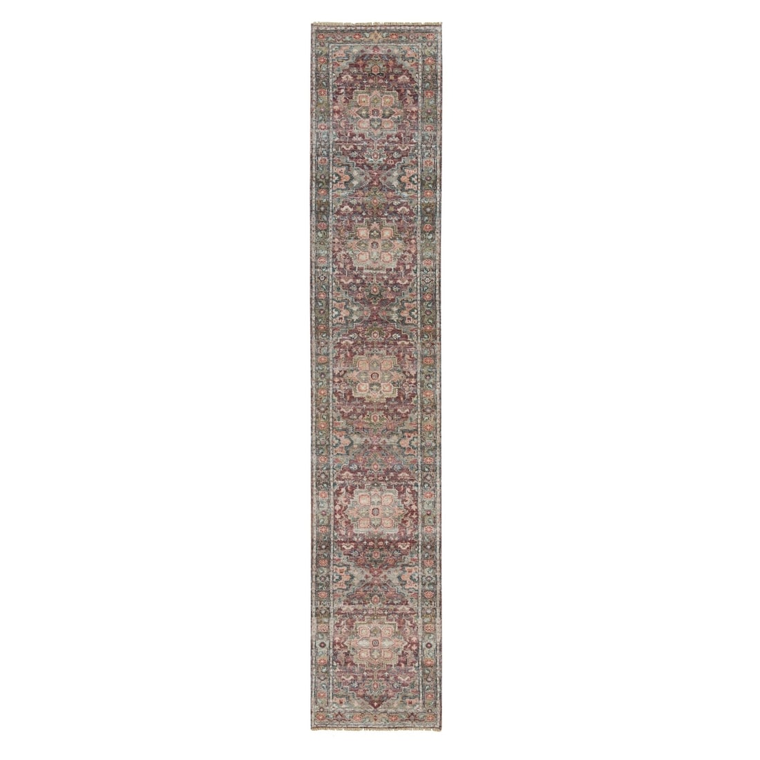 2'7"x14' Cordovan Red Wool Heris Revival Hand Knotted Runner Oriental Rug: 2'7"x14' Cordovan Red Wool Heris Revival Hand Knotted Runner Oriental Rug Experience the rich heritage of Indian craftsmanship with this stunning 14' long, hand-knotted Cordovan Red Wool Heris
