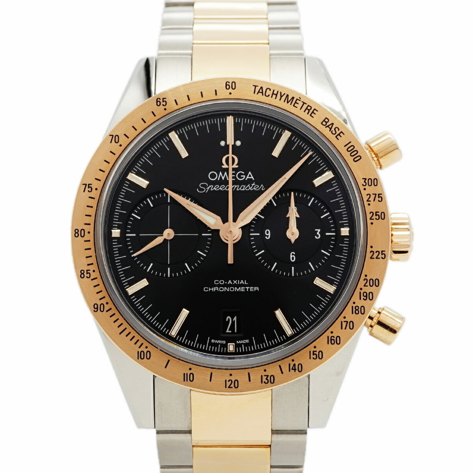 Omega wristwatch: Omega wristwatch A sleek and sophisticated Omega wristwatch, this 41.5mm timepiece boasts a striking black dial set against a pink gold plated band, with a stainless steel case that adds a touch of