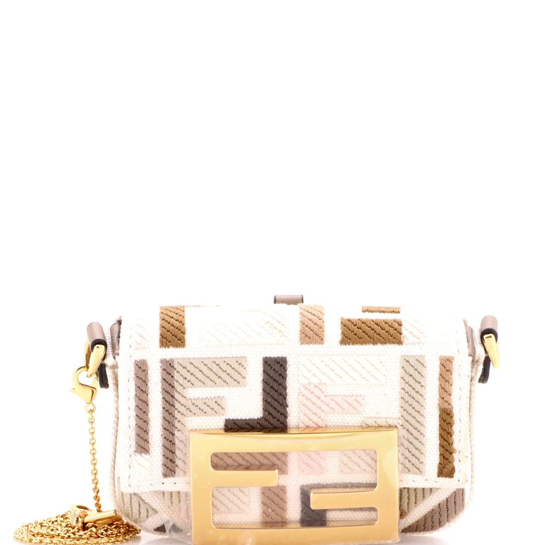 Fendi Chain Baguette Charm Bag Zucca Embroidered Canvas Nano: Fendi Chain Baguette Charm Bag Zucca Embroidered Canvas Nano Elevate your everyday with the iconic Fendi Chain Baguette Charm Bag Zucca Embroidered Canvas Nano, boasting a chic multicolor and neutral