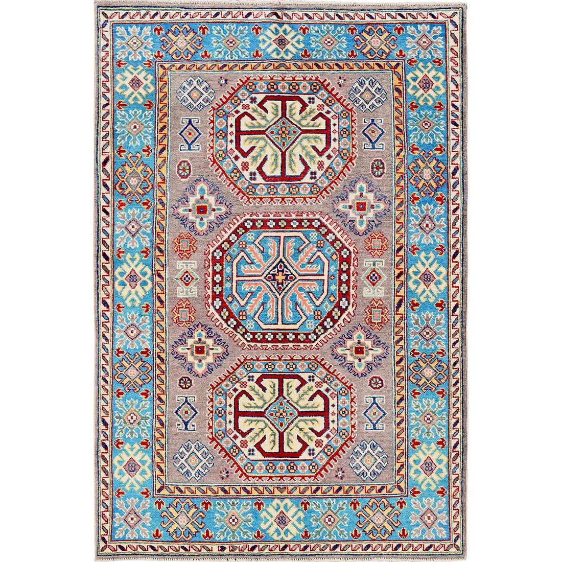 4'x5'9" Dove Gray Hand Knotted Kazak Geometric Medallions Design Wool Rug: 4'x5'9" Dove Gray Hand Knotted Kazak Geometric Medallions Design Wool Rug Experience the timeless beauty of traditional Afghan craftsmanship with this stunning 4'x5'9" Dove Gray Hand Knotted Kazak