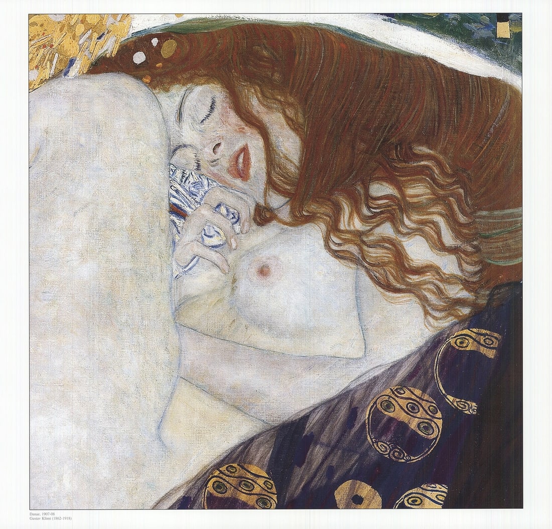GUSTAV KLIMT Danae 17" x 17.75" Offset Lithograph 2010: GUSTAV KLIMT Danae 17" x 17.75" Offset Lithograph 2010 Experience the opulence of Gustav Klimt's 2010 offset lithograph, Danae, in stunning detail. This rare and striking piece, measuring 17 x 17.75 i