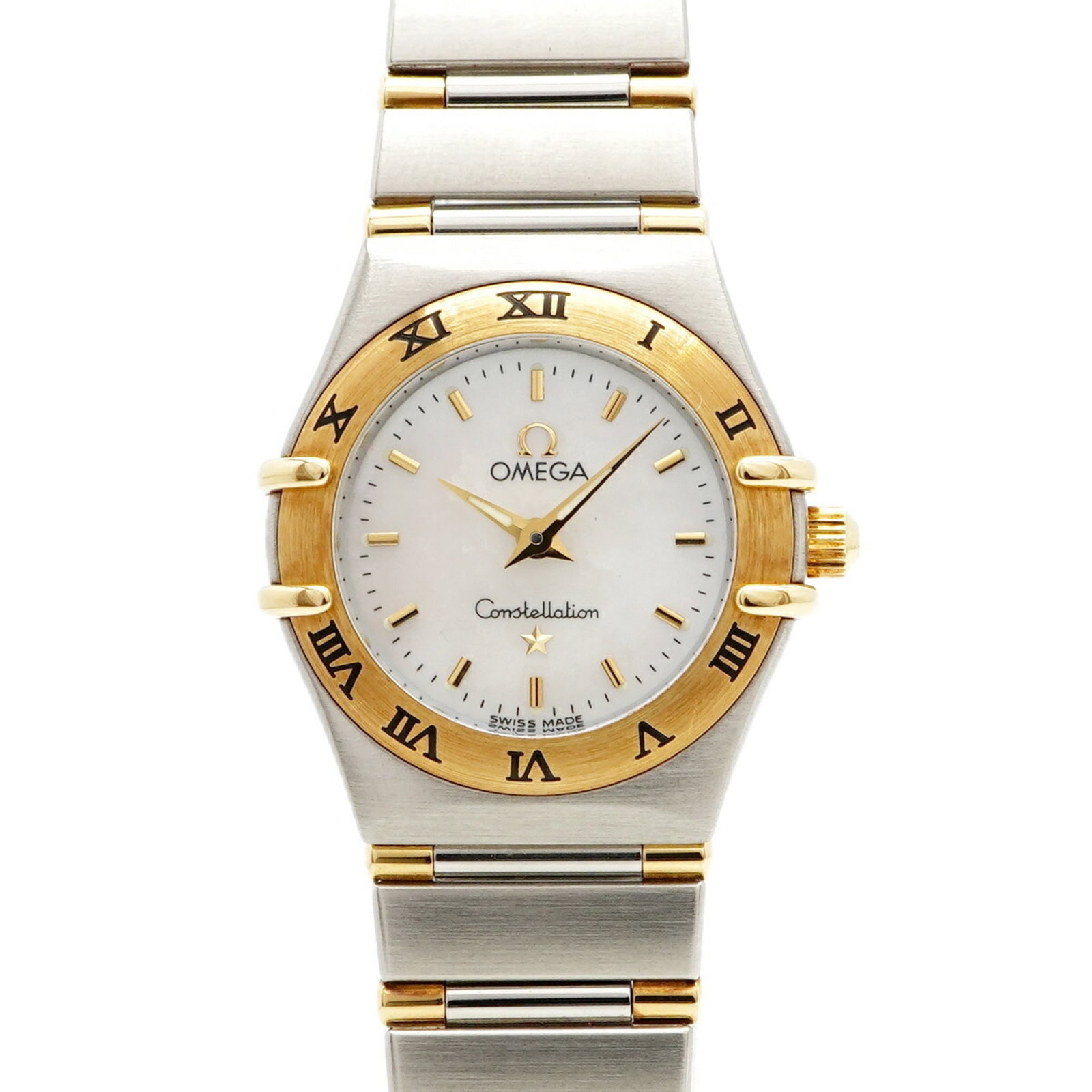 Omega wristwatch: Omega wristwatch A stunning Omega wristwatch, crafted from durable stainless steel and yellow gold, boasts a sleek white shell case that exudes timeless elegance. With its 22.7mm diameter and