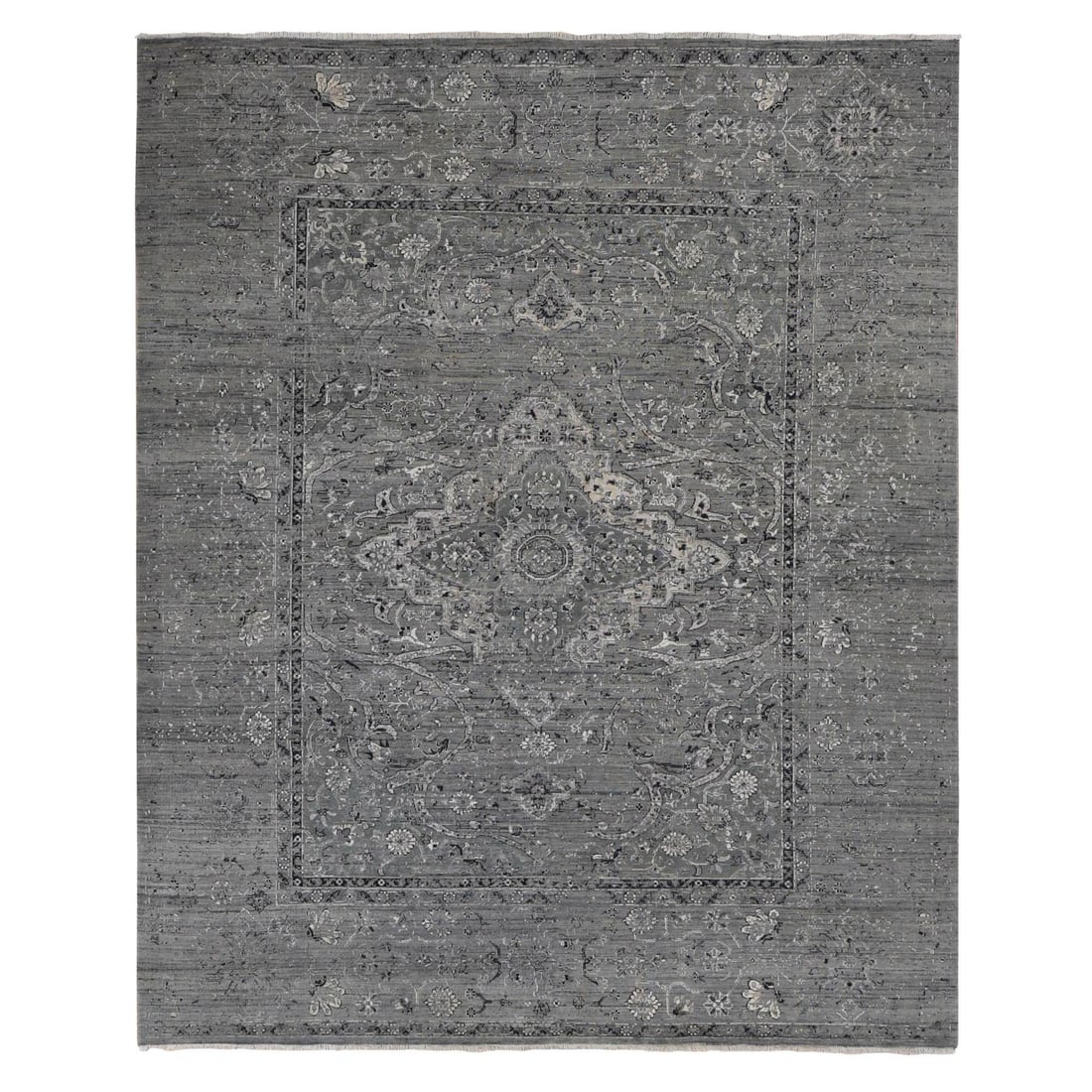 8'3"x10'1" Gray Silk with Wool Broken Zoroastrian Design Hand Knotted Rug: 8'3"x10'1" Gray Silk with Wool Broken Zoroastrian Design Hand Knotted Rug Experience the rich heritage of India with this stunning 8'3"x10'1" Gray Silk with Wool Broken Zoroastrian Design Hand