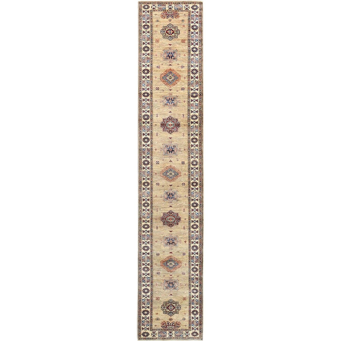 2'7"x13'6" Chamomile Afghan Super Kazak Wool Hand Knotted Rug: 2'7"x13'6" Chamomile Afghan Super Kazak Wool Hand Knotted Rug Experience the warmth and beauty of traditional Afghan craftsmanship with this stunning 13'6" x 2'7" hand-knotted wool Kazak rug,