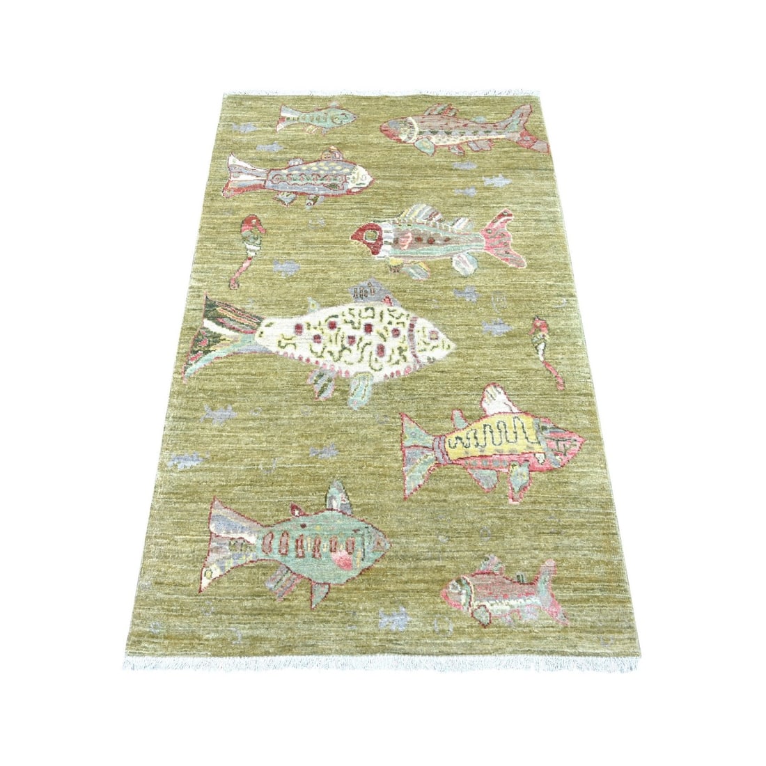 3'2"x5'1" Swamp Green Afghan Peshawar Fish Design Hand Knotted Wool Rug (1 of 6)