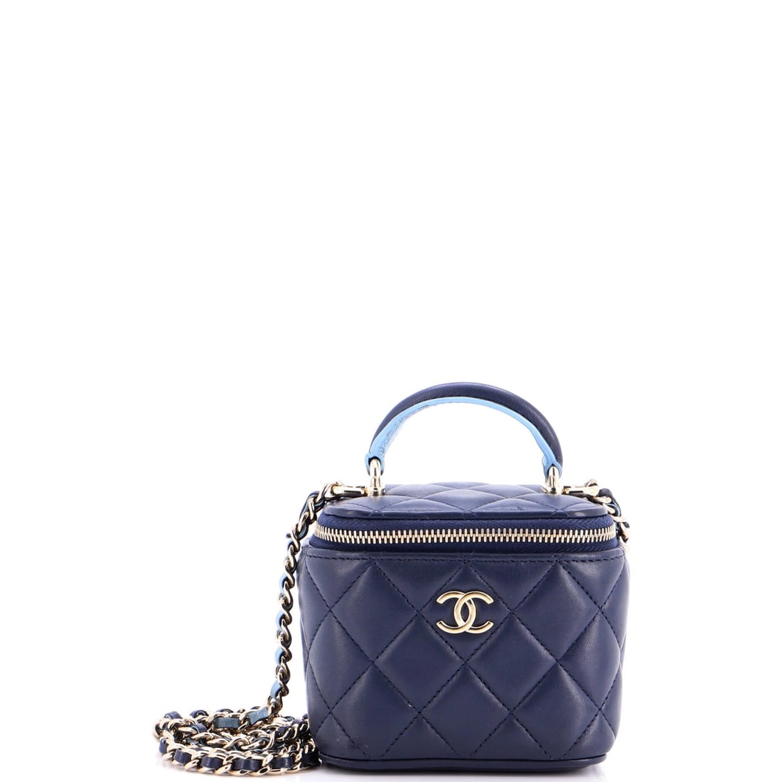 Chanel classic top handle quilted lambskin mini case: Chanel classic top handle quilted lambskin mini case Elevate your daily essentials with the iconic Chanel classic top handle quilted lambskin mini case, boasting sleek blue exterior and luxurious inte