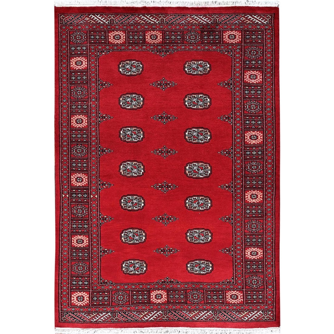 4'2"x6' Scarlet Red Princess Bokara Soft Wool Hand Knotted Oriental Rug: 4'2"x6' Scarlet Red Princess Bokara Soft Wool Hand Knotted Oriental Rug Experience the rich beauty of Afghan craftsmanship with this stunning 2000-year-old hand-knotted Bokara rug, expertly woven