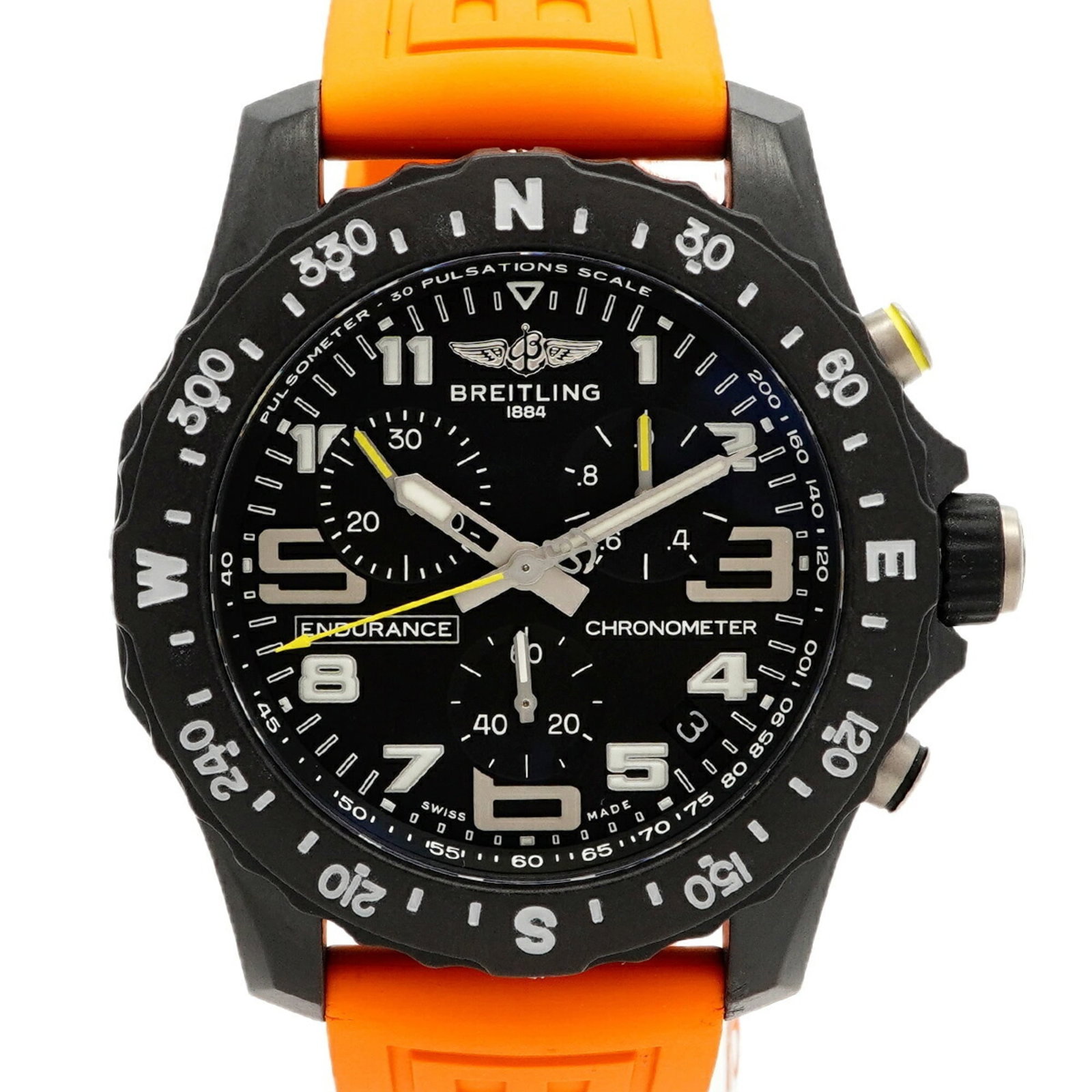 Breitling wristwatch: Breitling wristwatch A sleek and sophisticated Breitling wristwatch, with its 44.5mm case diameter and rubber band, is up for grabs. This pre-owned timepiece boasts a classic black dial and has been