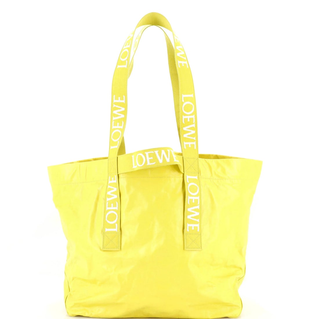 Loewe fold logo large leather tote strap: Loewe fold logo large leather tote strap A vibrant and stylish Loewe fold logo large leather tote strap adds a pop of sunshine to any outfit, featuring the iconic brand's signature fold logo detail