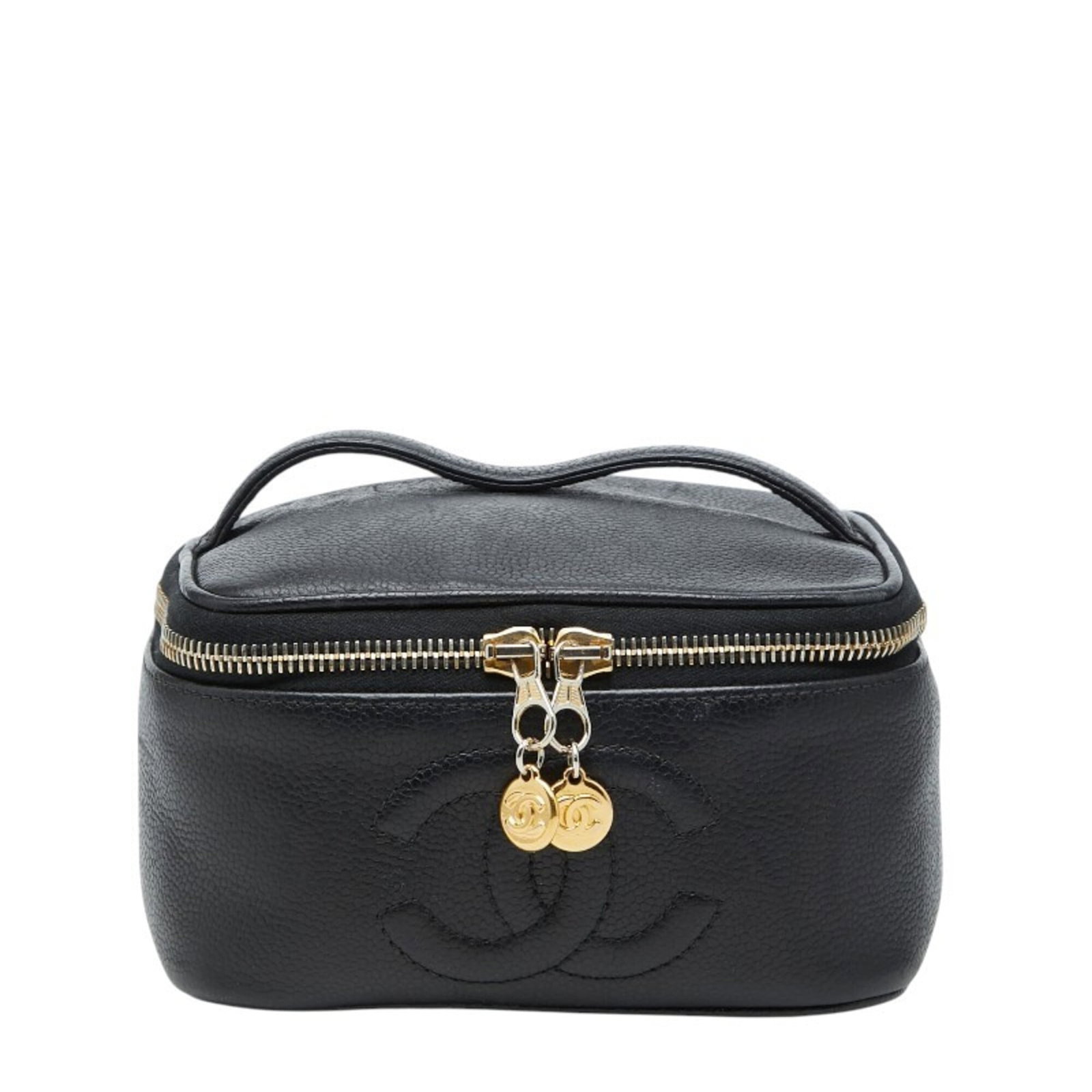 Chanel Handbag of Grained Calfskin: Chanel Handbag of Grained Calfskin A timeless Chanel handbag, crafted from rich grained calfskin, boasts a sleek black finish and sturdy zipper closure. With its classic design and durable