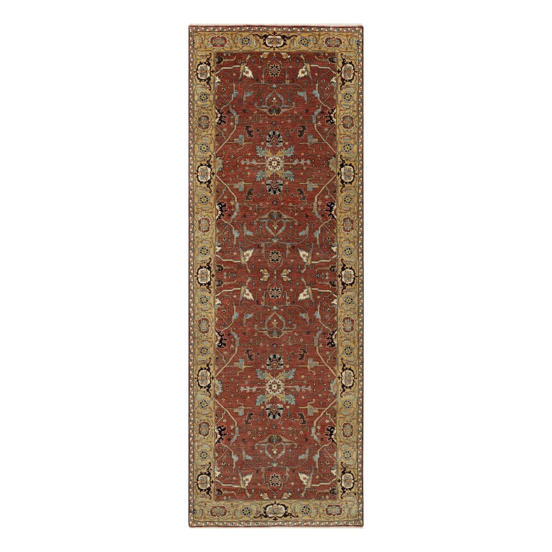 4'2"x12'1" Red Hand Knotted Antiqued Fine Heris Pure Wool Wide Runner Rug (1 of 8)