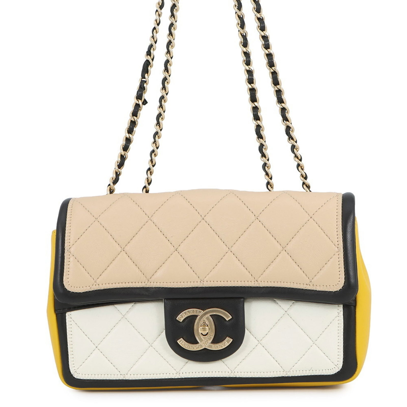 Chanel Leather Shoulder Bag: Chanel Leather Shoulder Bag A timeless Chanel classic, this lambskin leather shoulder bag boasts elegant beige and white hues, accented with a signature interlocking CC clasp on the flap closure. With