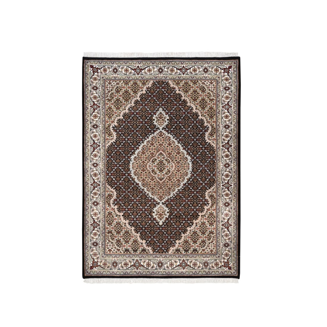 4'2"x6'1" Hand Knotted Tebraz Mahi Fish Medallion Design Wool-Silk Rug: 4'2"x6'1" Hand Knotted Tebraz Mahi Fish Medallion Design Wool-Silk Rug Experience the rich heritage of Indian craftsmanship with this stunning 2000-year-old hand-knotted tebraz mahi fish medallion des
