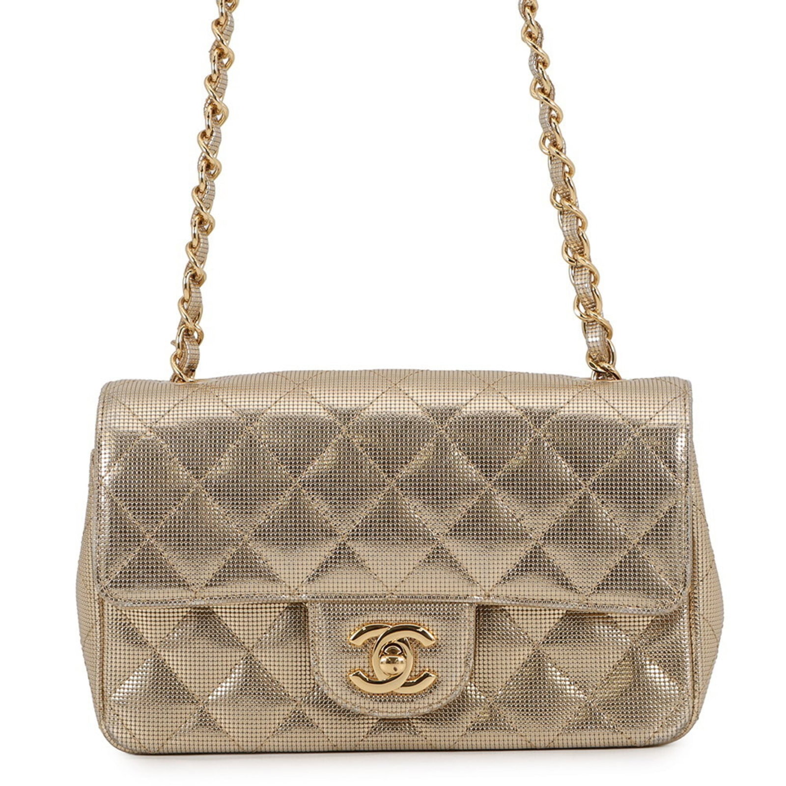 Chanel Leather Shoulder Bag: Chanel Leather Shoulder Bag Experience the timeless elegance of Chanel with this stunning metallic gold leather shoulder bag, boasting a sleek flap closure and sturdy 46.85'' adjustable strap.