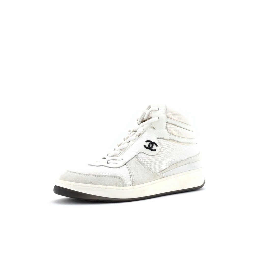 Chanel Women's CC High-Top Sneakers Fabric with Leather and Suede: Chanel Women's CC High-Top Sneakers Fabric with Leather and Suede Elevate your style with the iconic Chanel Women's CC High-Top Sneakers, boasting a sleek white leather and suede upper, mesh panels