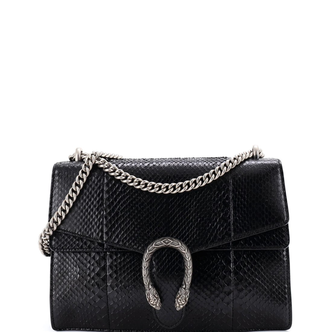 Gucci medium python bag: Gucci medium python bag The Gucci Dionysus medium python bag is a sleek and sophisticated accessory that exudes luxury, with its all-black exterior adorned with subtle python scales and aged silver