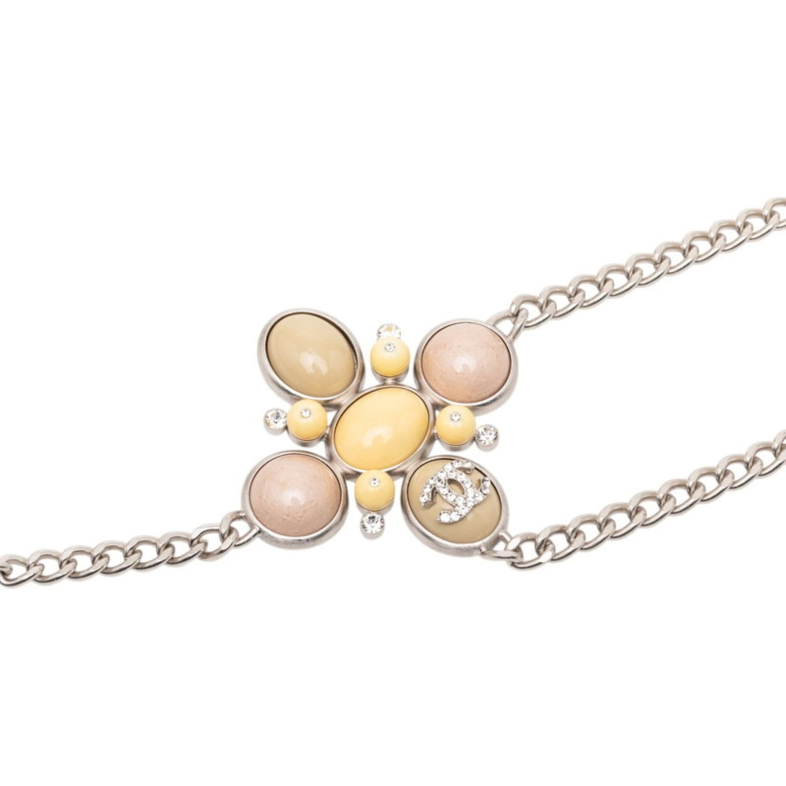 Chanel chain belt: Chanel chain belt A chic and timeless piece, this Chanel chain belt boasts elegant beige, pink, and yellow tones, adorned with sparkling rhinestones for added sophistication. Its sleek 7mm metal