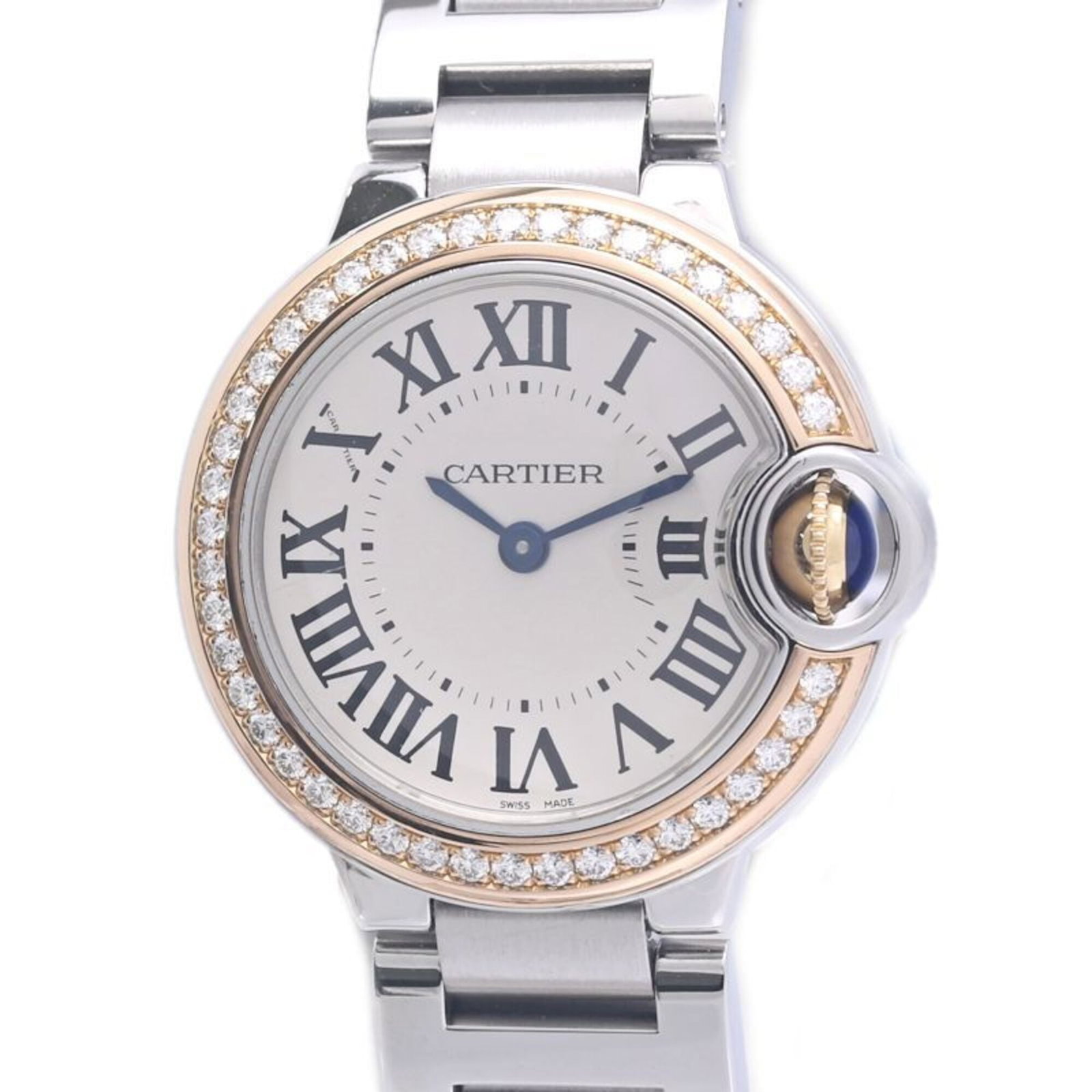 Cartier Wristwatch: Cartier Wristwatch A stunning Cartier wristwatch, crafted from 18k pink gold and stainless steel, boasts a sleek silver dial and elegant 28mm case diameter. With its classic design and luxurious