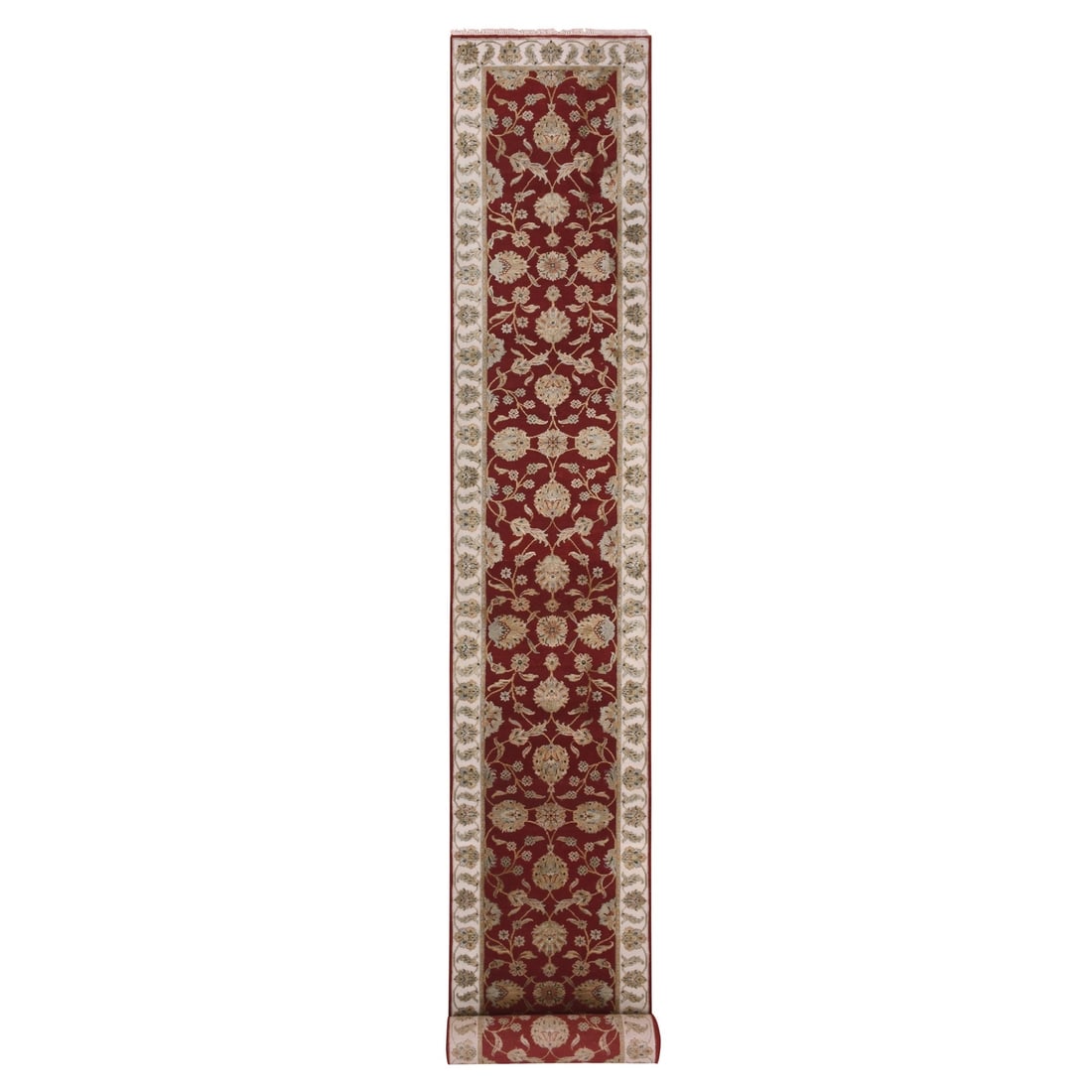 2'8"x21' Red Wool and Silk Hand Knotted Rajasthan Design XL Runner Rug: 2'8"x21' Red Wool and Silk Hand Knotted Rajasthan Design XL Runner Rug Experience the rich beauty of traditional Indian craftsmanship with this stunning 2'8"x21' Red Wool and Silk Hand Knotted