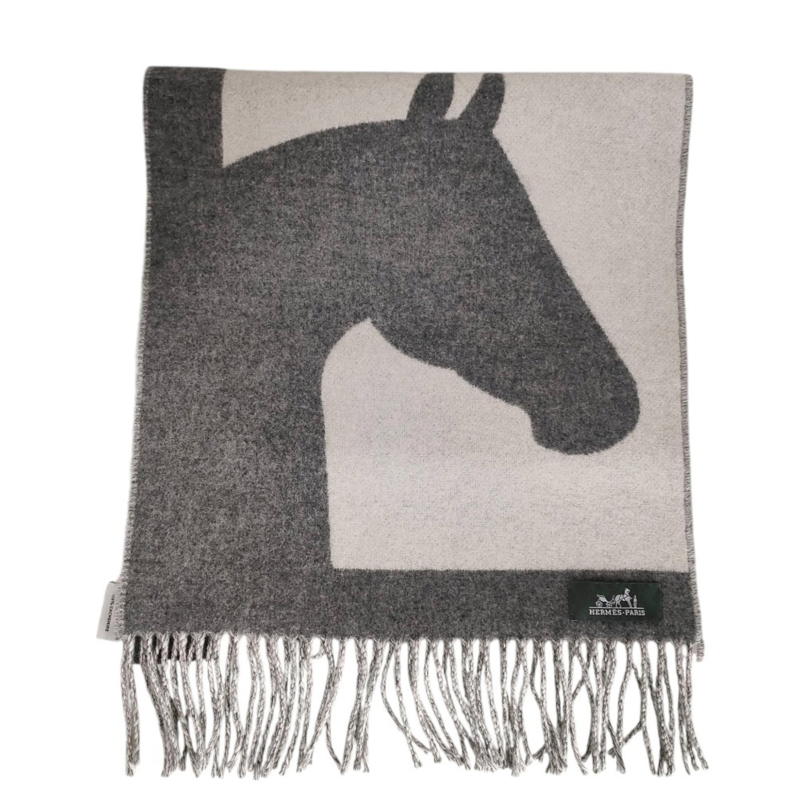 HERMES 100% Cashmere Love Story Horse Pattern Fringe Scarf (Gray/ Off-White) - Men's & Women's (1 of 10)