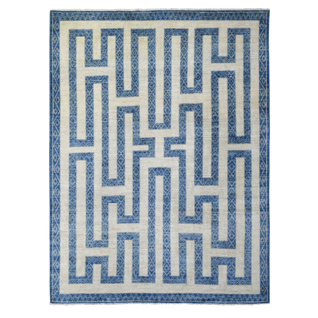 9'2"x11'9" Denim Blue Maze Design Berber Influence Hand Knotted Wool Rug (1 of 12)