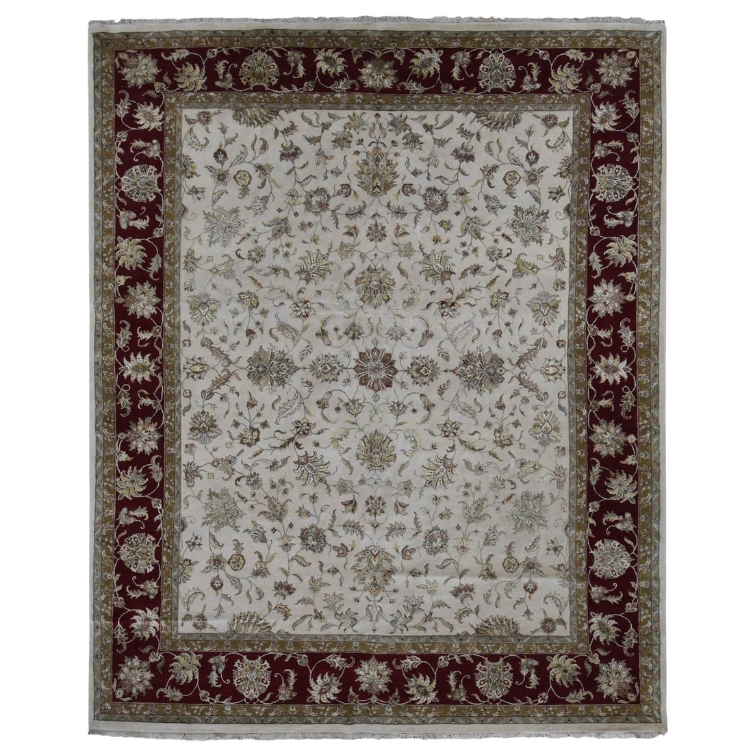 12'x15'3" Ivory Hand Knotted Wool and Silk Rajasthan Design Oversized Rug: 12'x15'3" Ivory Hand Knotted Wool and Silk Rajasthan Design Oversized Rug Experience the timeless elegance of Indian craftsmanship with this stunning 12'x15'3" Ivory Hand Knotted Wool and Silk