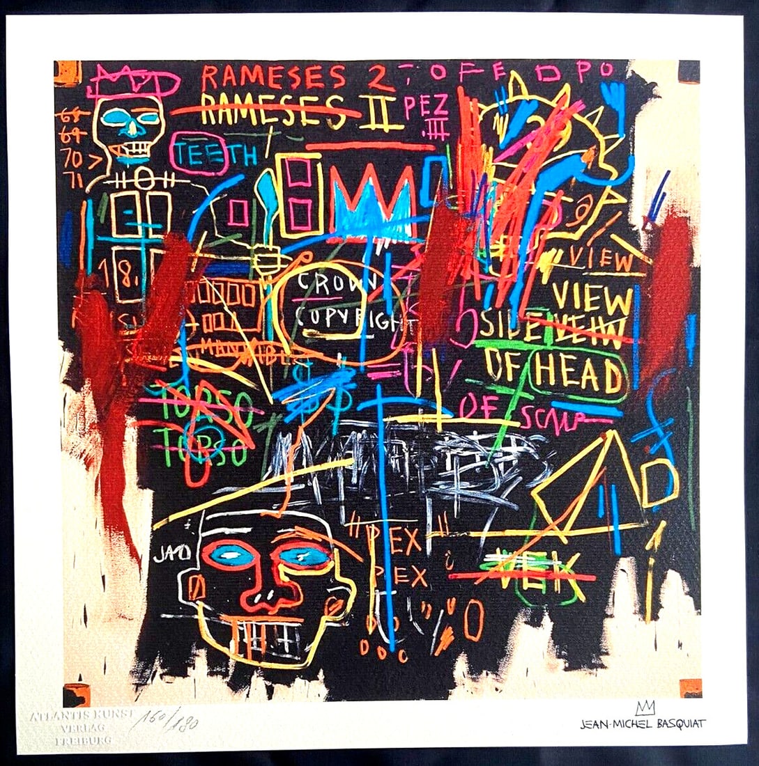 Jean-Michel Basquiat is a lithograph.: Jean-Michel Basquiat is a lithograph. Own a piece of art history with Jean-Michel Basquiat's vibrant and powerful lithograph, "King of Egypt II", created in 1987. This medium-sized print is numbered