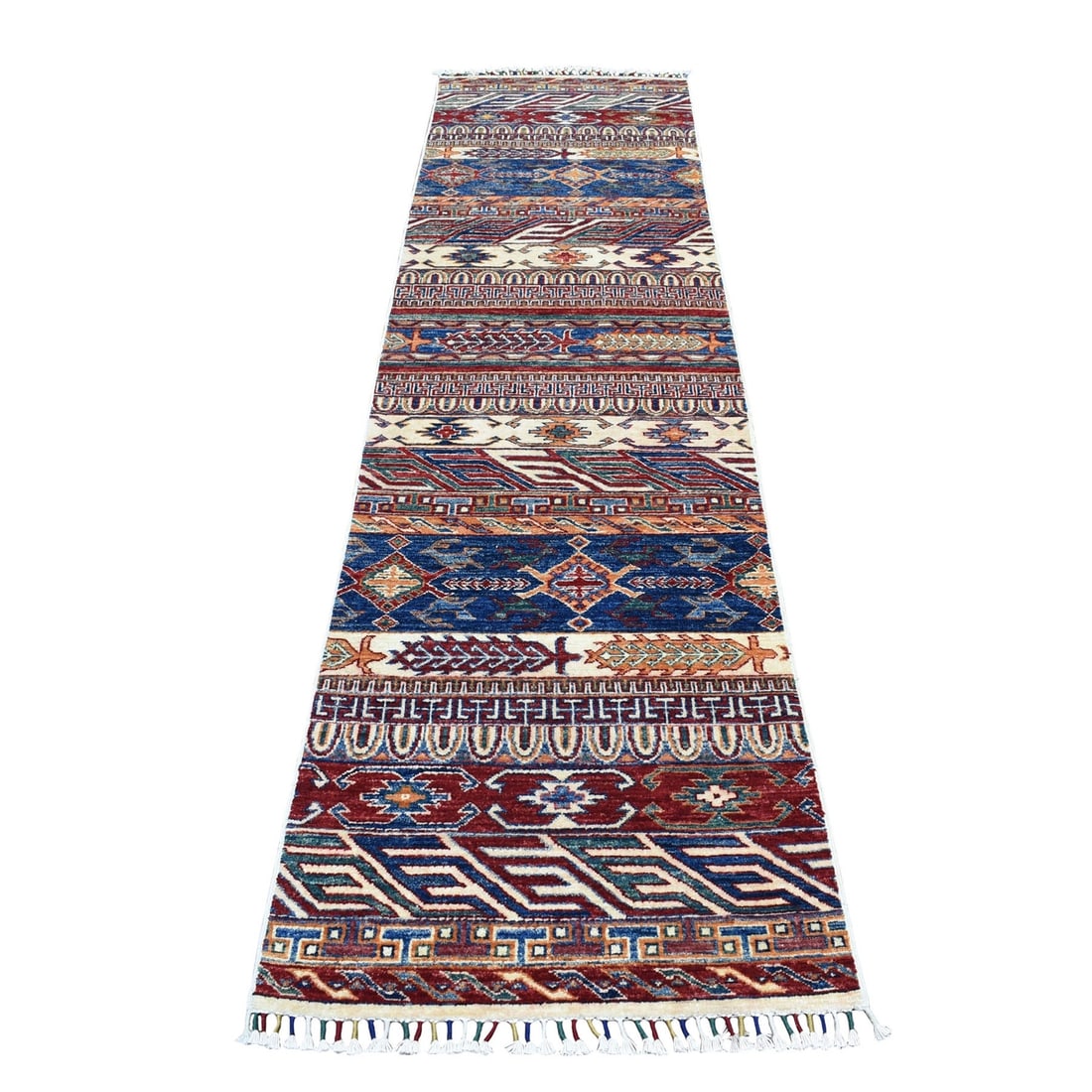 2'4"x9'2" Khorjin Design Super Kazak Tribal Pure Wool Hand Knotted Rug: 2'4"x9'2" Khorjin Design Super Kazak Tribal Pure Wool Hand Knotted Rug Experience the rich cultural heritage of Afghanistan with this stunning 2'4"x9'2" Khorjin Design Super Kazak Tribal Pure Wool