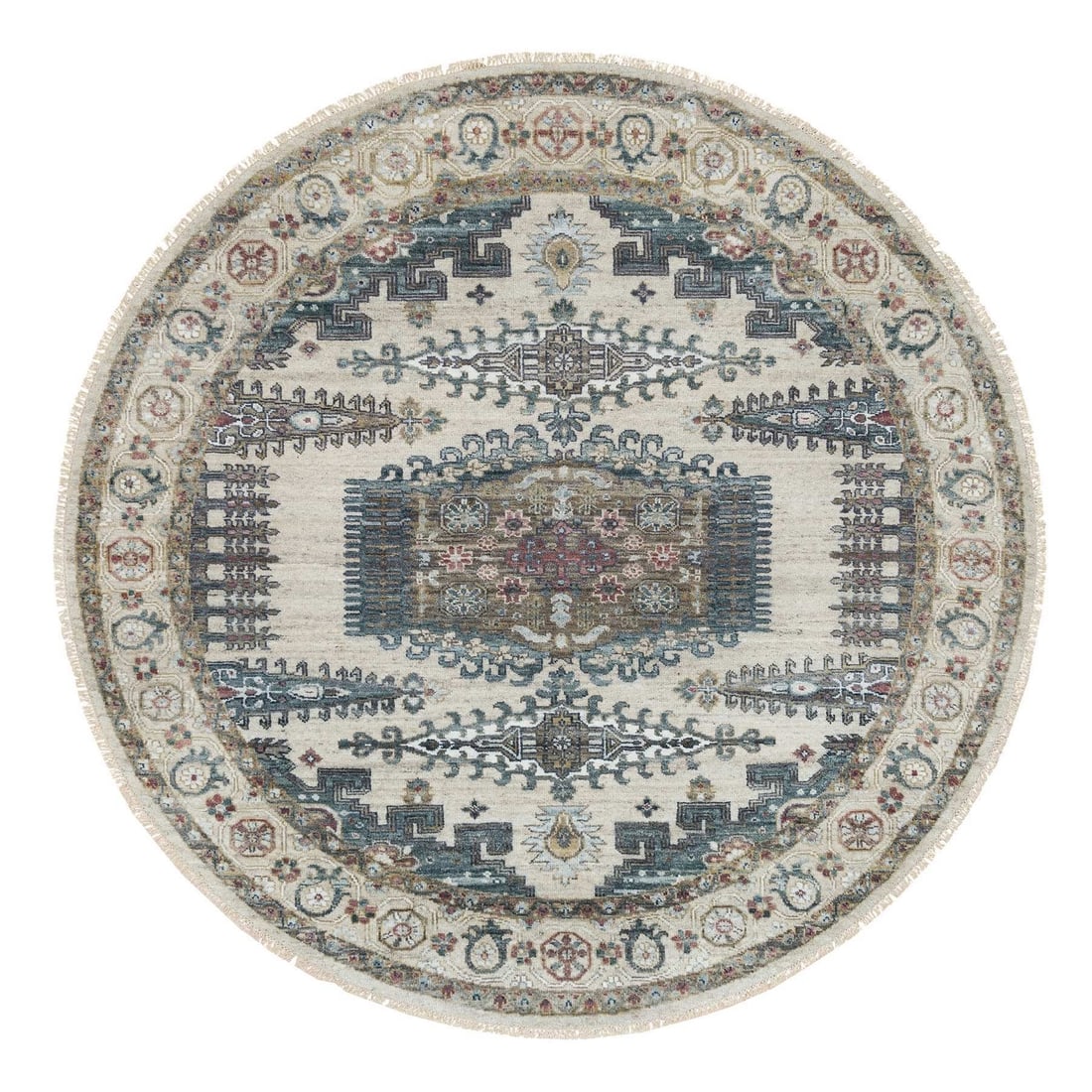 Viss Design Hand Knotted Round Rug in Ivory Wool on an 8'x8' Alabaster Rug: Viss Design Hand Knotted Round Rug in Ivory Wool on an 8'x8' Alabaster Rug Experience the timeless elegance of Viss Design's hand-knotted round rug, crafted from 100% ivory wool and carefully woven on