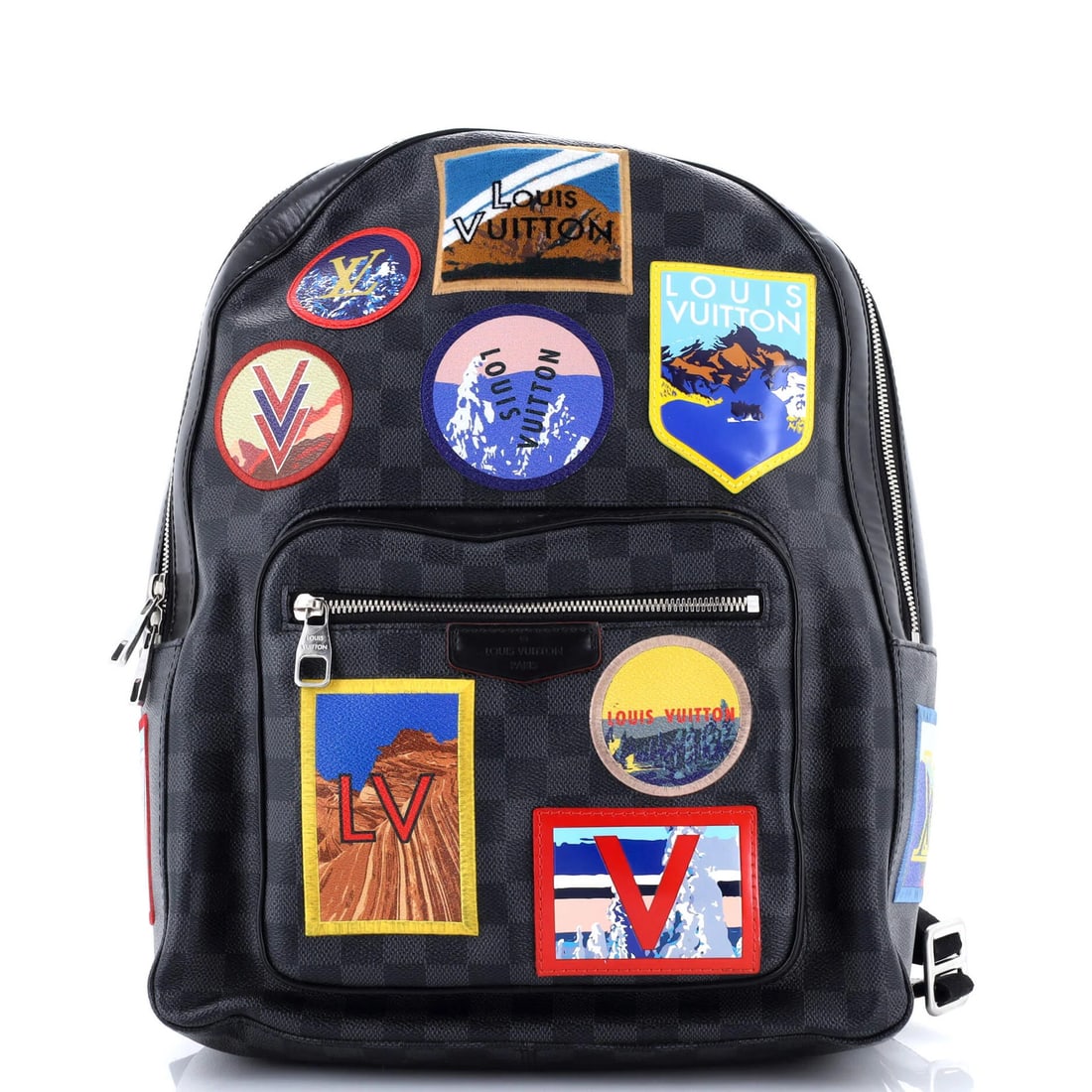 Louis Vuitton Graphite Damier Backpack with Alps Patches: Louis Vuitton Graphite Damier Backpack with Alps Patches Elevate your daily essentials with the iconic Louis Vuitton Graphite Damier Backpack, boasting sleek black canvas exterior adorned with