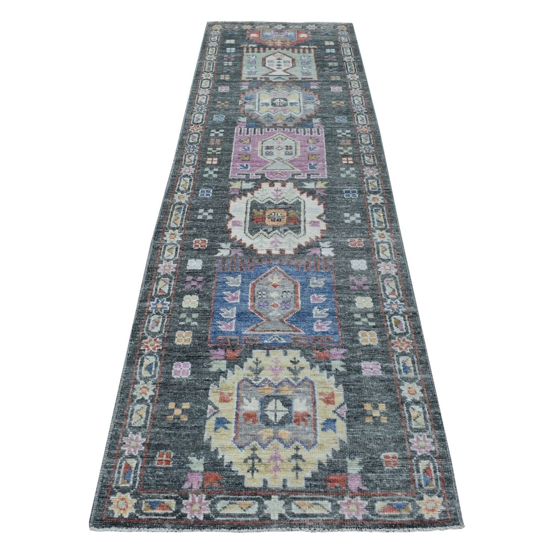 2'10"x9'10" Hand Knotted Dark Gray With Anatolian Design Wool Runner Rug: 2'10"x9'10" Hand Knotted Dark Gray With Anatolian Design Wool Runner Rug Experience the rich heritage of Afghan craftsmanship in this stunning hand-knotted wool runner rug, expertly woven with an