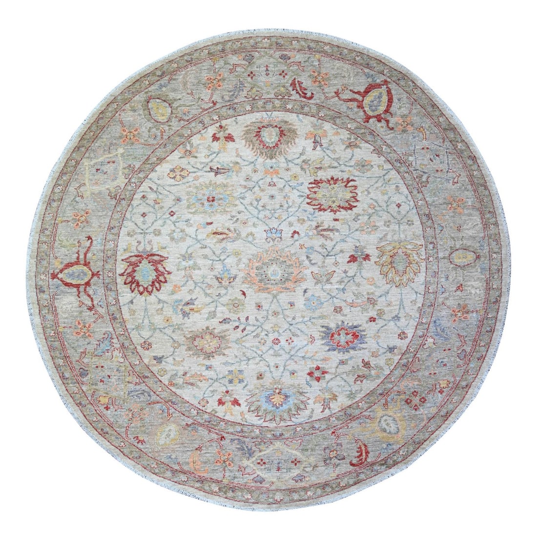 8'x8' Ivory Ziegler Mahal Hand Knotted Pure Wool Round Oriental Rug: 8'x8' Ivory Ziegler Mahal Hand Knotted Pure Wool Round Oriental Rug Experience the timeless beauty of Afghanistan's rich cultural heritage in this stunning 8'x8' Ivory Ziegler Mahal hand-knotted pure