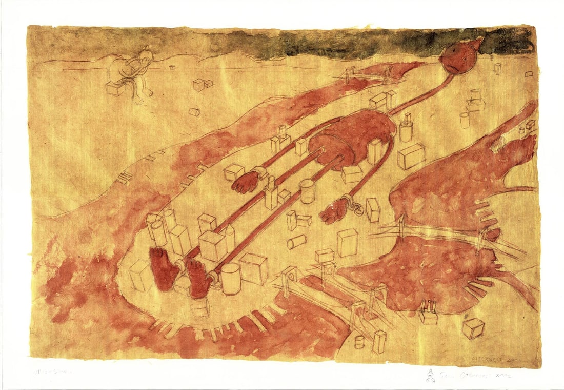 TOM OTTERNESS is a signed 24" x 34.75" offset lithograph from 2001.: TOM OTTERNESS is a signed 24" x 34.75" offset lithograph from 2001. A rare opportunity to own a unique piece of art, Tom Otterness' 2001 offset lithograph 'Nine-Eleven' is a striking example of the ar