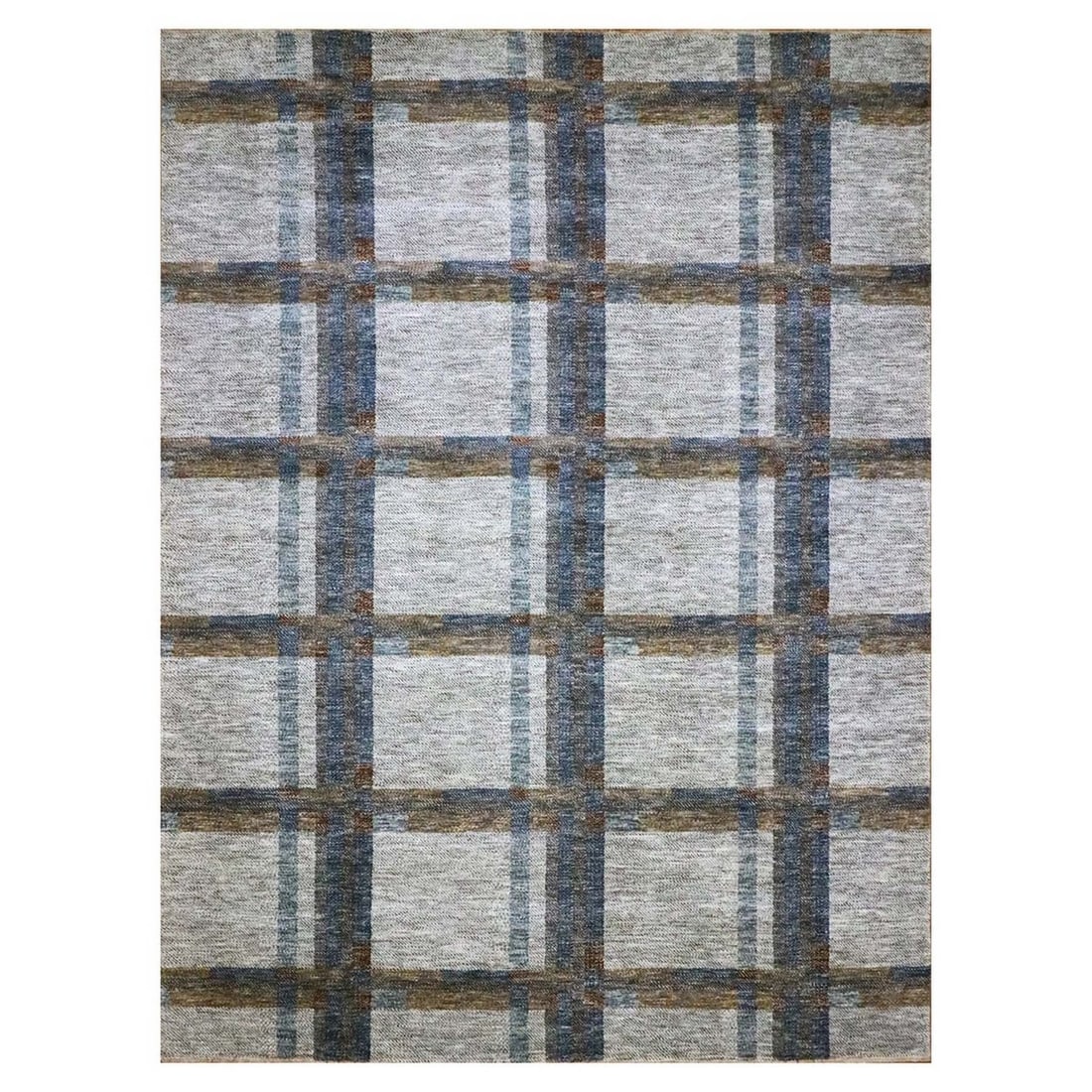 9'x12'1" White Modern Geometric Plaid Design Pure Wool Hand Knotted Rug: 9'x12'1" White Modern Geometric Plaid Design Pure Wool Hand Knotted Rug Experience the timeless elegance of India's rich cultural heritage in this stunning 9'x12'1" white modern geometric plaid design