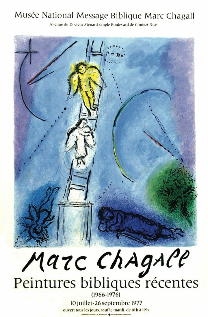 MARC CHAGALL Jacob's Ladder 30" x 20.75" Lithograph 1977 Modernism Multicolor B: MARC CHAGALL Jacob's Ladder 30" x 20.75" Lithograph 1977 Modernism Multicolor B Experience the vibrant colors and dreamlike quality of Marc Chagall's iconic lithograph, Jacob's Ladder, created in