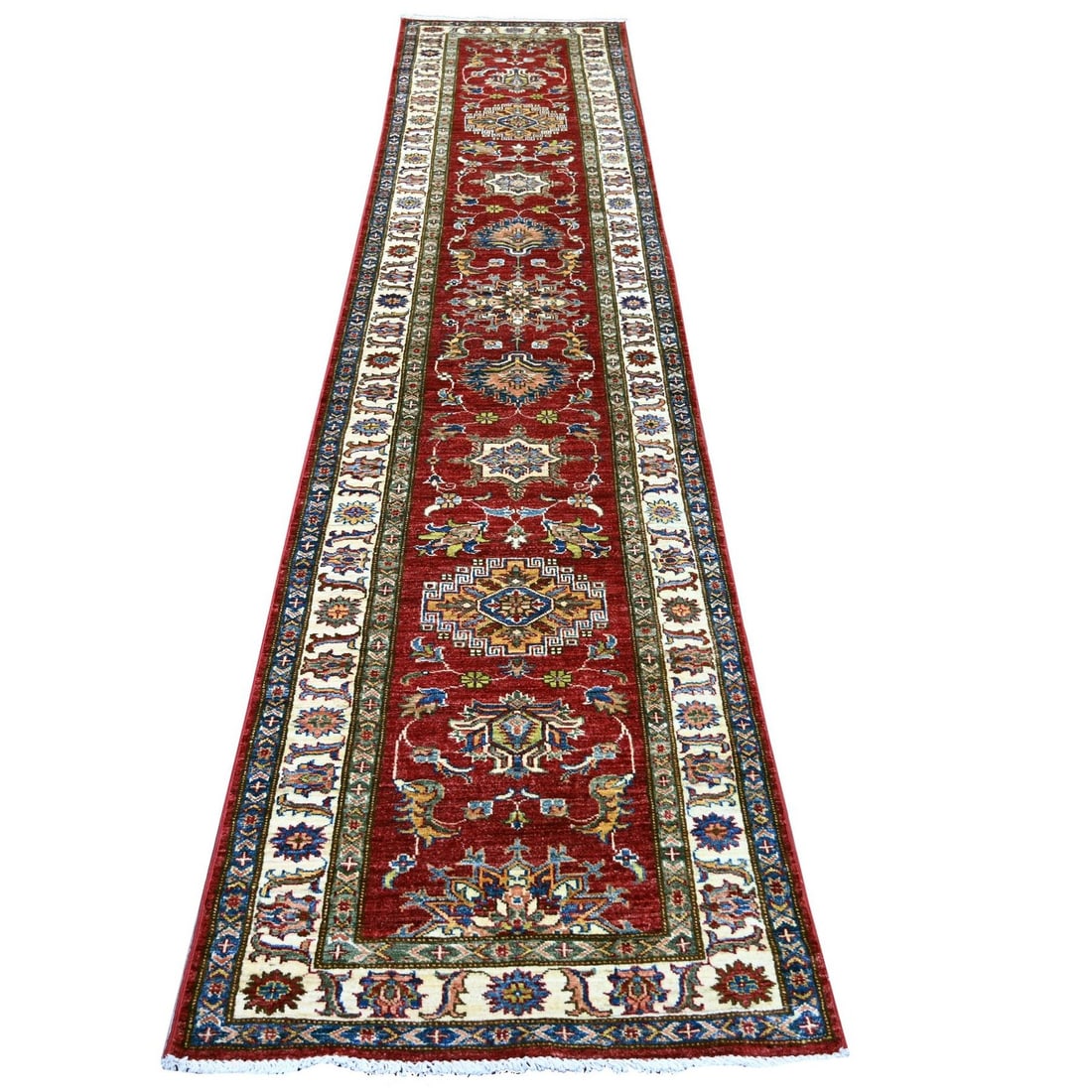 2'8"x12'1" Red Afghan Super Kazak Medallions Design Hand Knotted Wool Rug: 2'8"x12'1" Red Afghan Super Kazak Medallions Design Hand Knotted Wool Rug Experience the rich cultural heritage of Afghanistan in this stunning, hand-knotted Red Afghan Super Kazak Medallions Design W