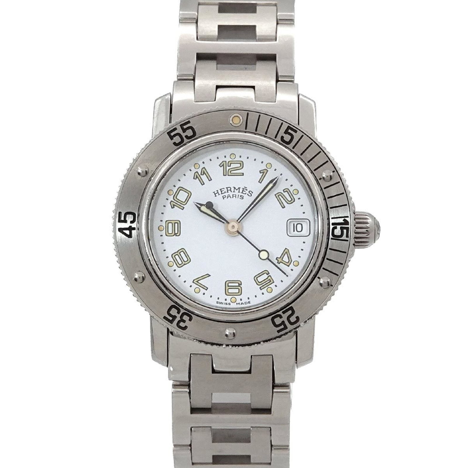 Hermes wristwatch: Hermes wristwatch A stunning Hermes wristwatch, perfect for the discerning woman, boasts a sleek 28mm stainless steel case and band, complemented by a crisp white dial. With its classic design and