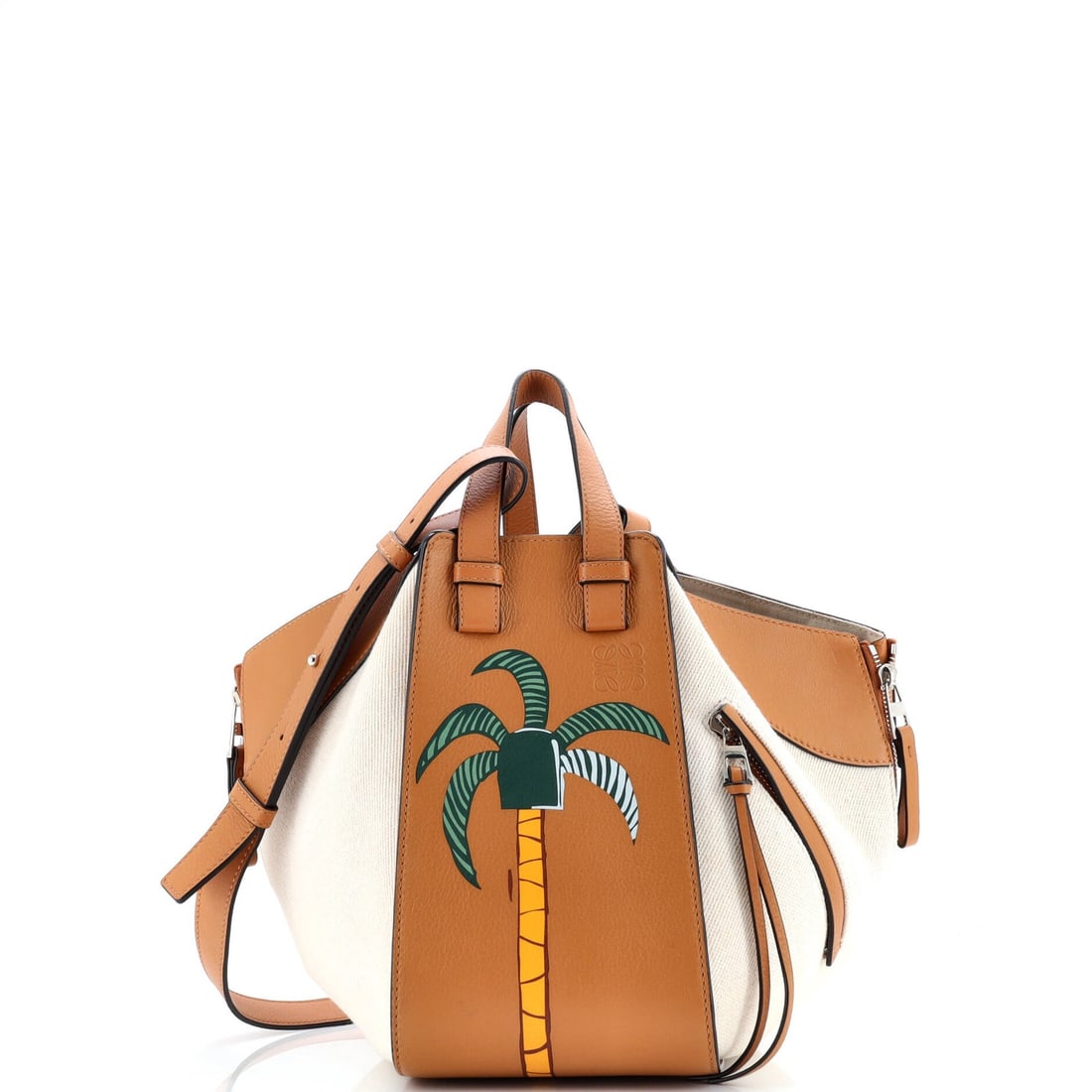 Loewe small leather canvas bag with printed price hammock.: Loewe small leather canvas bag with printed price hammock. A stylish and unique Loewe small leather canvas bag, adorned with a printed price hammock, adds a touch of whimsy to any outfit. The brown,