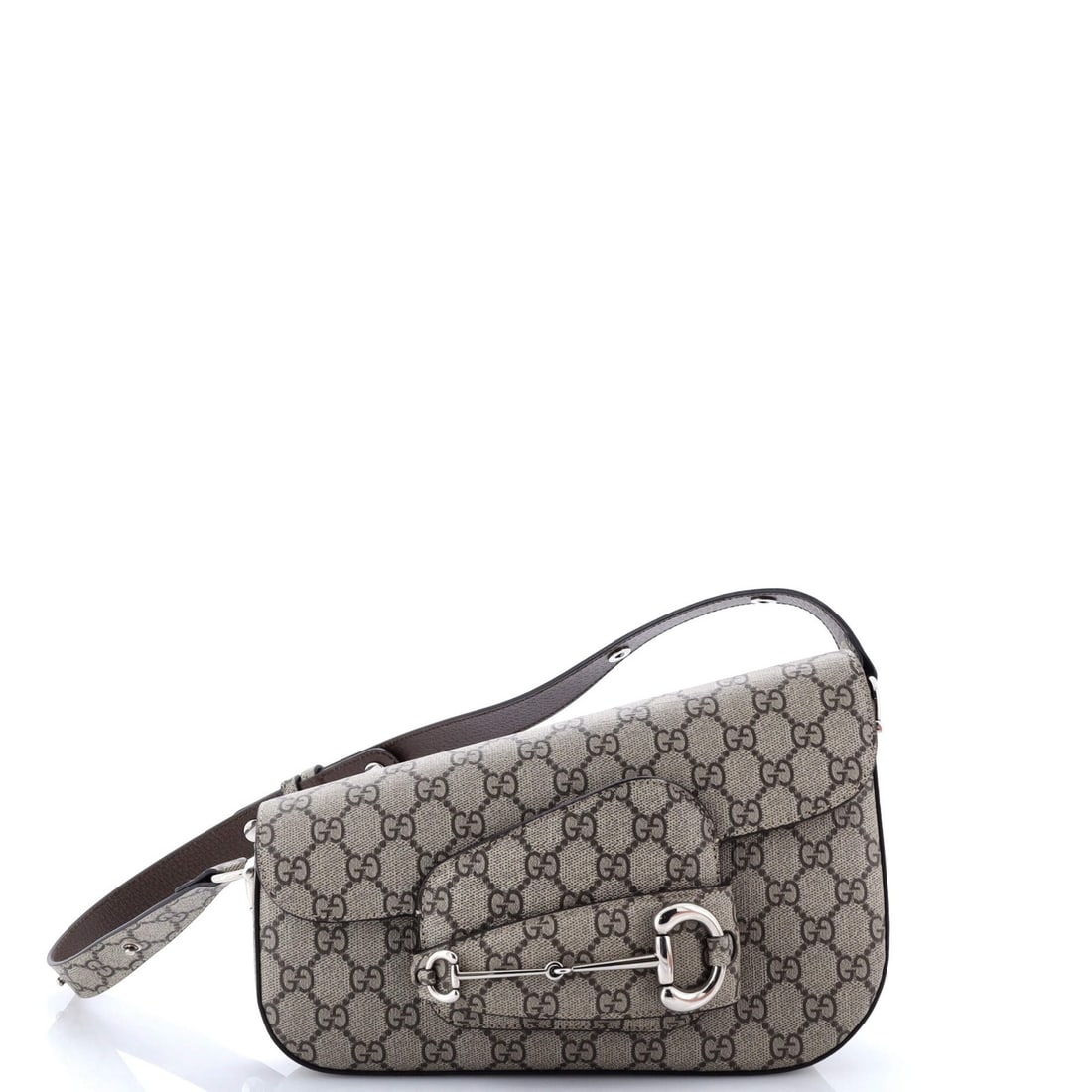 Gucci GG Coated Canvas Small Asymmetric Shoulder Bag Horsebit 1955: Gucci GG Coated Canvas Small Asymmetric Shoulder Bag Horsebit 1955 Experience the timeless elegance of Gucci's iconic Horsebit 1955 Asymmetric Shoulder Bag, crafted from luxurious GG Coated Canvas in