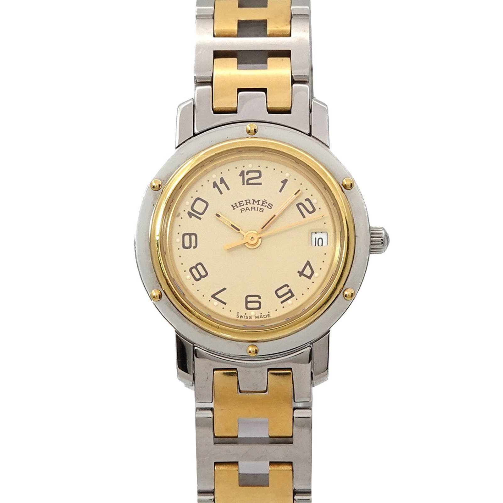 Hermes wristwatch: Hermes wristwatch A stunning Hermes wristwatch, boasting an ivory dial and gold plated details, sits atop a sleek 24mm case, perfect for adding a touch of timeless elegance to any outfit. With its dur