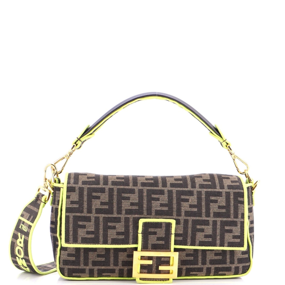 Fendi Baguette NM Bag Zucca Canvas Medium: Fendi Baguette NM Bag Zucca Canvas Medium The Fendi Baguette NM Zucca Canvas Medium is a stylish and versatile shoulder bag, boasting a chic green canvas exterior with gold hardware. With its spacious