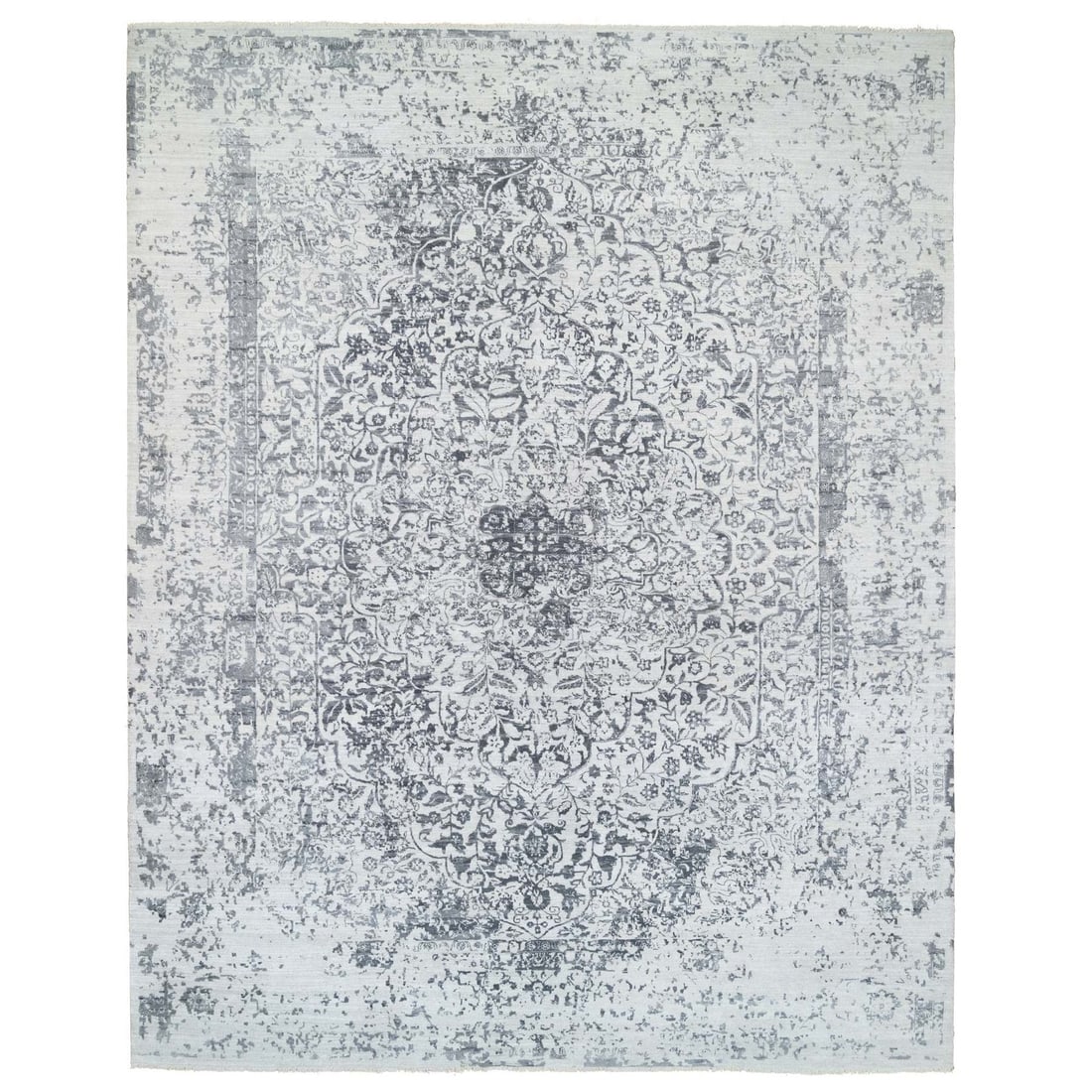 12'1"x15'1" Gray Wool/ Silk Hand Knotted Erased Farsian Design Rug: 12'1"x15'1" Gray Wool/ Silk Hand Knotted Erased Farsian Design Rug Experience the timeless elegance of India's rich cultural heritage with this exquisite, hand-knotted Erased Farsian design rug.