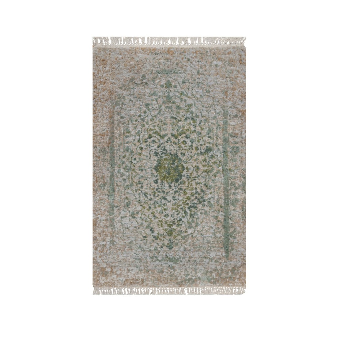 2'x3'1" Silver-Green Erased Medallion Design Hand Knotted Wool and Silk Mat (1 of 8)