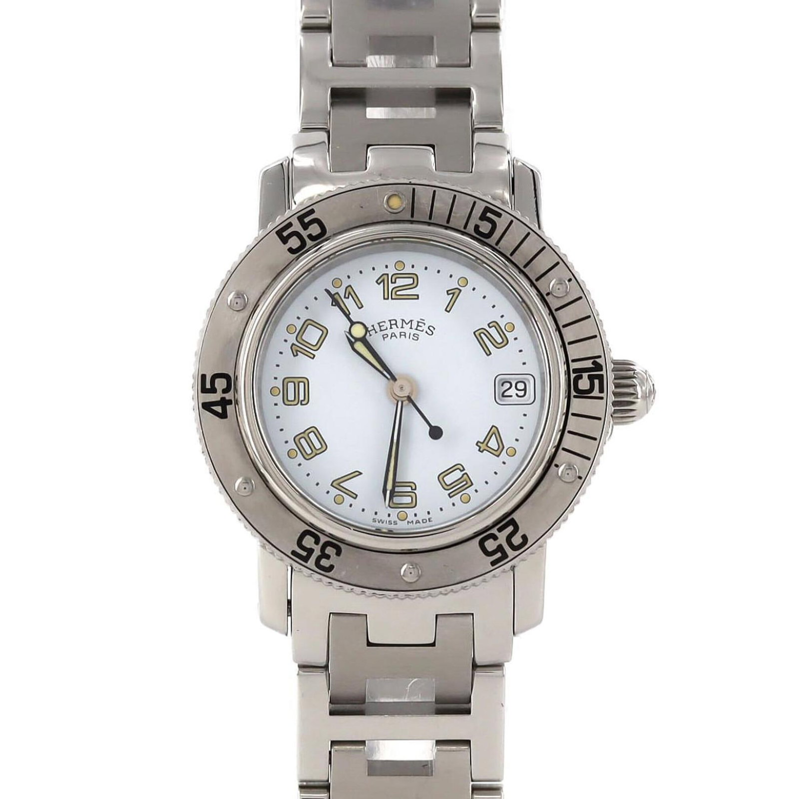Hermes Wristwatch: Hermes Wristwatch A stunning Hermes wristwatch, boasting sleek stainless steel case and band, sits atop a crisp white dial, perfect for adding a touch of elegance to any outfit. With its 28mm
