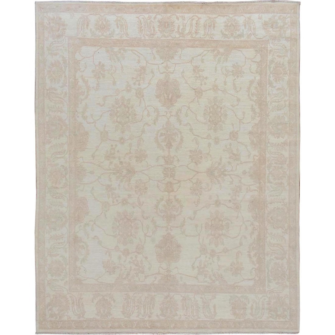 8'x9'6" Ivory White Wash Peshawar Ziegler Mahal Hand Knotted Rug: 8'x9'6" Ivory White Wash Peshawar Ziegler Mahal Hand Knotted Rug Experience the timeless beauty of an authentic Afghan Peshawar Ziegler Mahal hand-knotted rug, crafted from rich ivory white wool and b