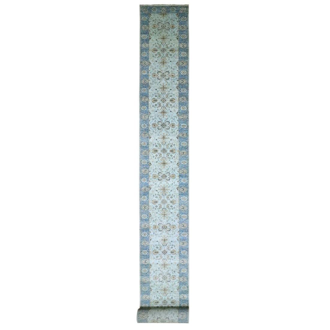 2'9"x29'10" Blue Shah Abbas Flower Design Wool Hand Knotted XL Runner Rug: 2'9"x29'10" Blue Shah Abbas Flower Design Wool Hand Knotted XL Runner Rug Experience the rich heritage of Indian craftsmanship with this stunning 29'10" blue shah abbas flower design wool hand